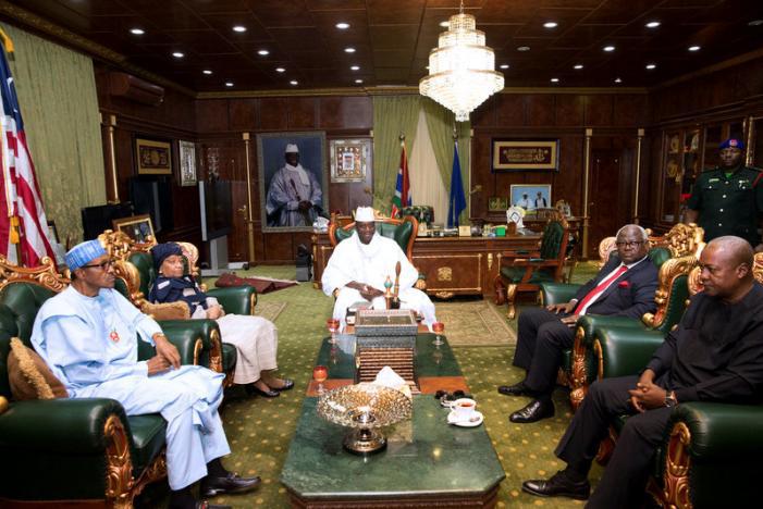 Gambian President Yahya Jammeh attends a meeting with a delegation of West African leaders during the election crisis mediation at the presidential palace in Banjul, Gambia December 13, 2016. REUTERS/Stringer