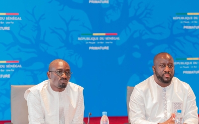 Alioune Sall, ministre de la Communication, des Télécommunications et du Numérique, et Olivier Boucal, Ministre de la Fonction Publique et de la Réforme des Institutions, le vendredi 18 avril, lors de la séance de travail stratégique sur la digitalisation du service public et la modernisation de l’administration
