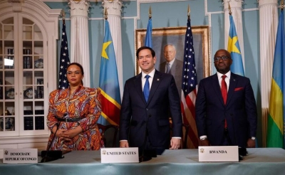 Thérèse Kayikwamba, ministre des affaires étrangères de la RDC, Marco Rubio, secrétaire d&#039;Etat des USA et Olivier Nduhungireye.