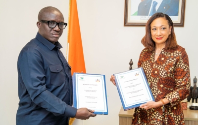 Françoise Remarck, ministre de la Culture et de la Francophonie, et Alfredo Malú, ministre de la Culture, de la Jeunesse et des Sports de la Guinée-Bissau,