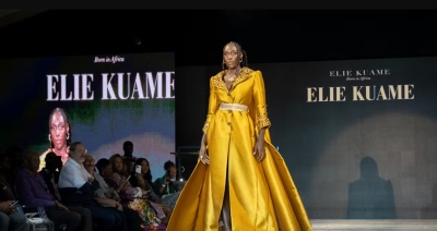  Miss Côte d’Ivoire 2021, Olivia Yacé défilant dans une robe signée Elie Kuame lors de l’Abidjan Fashion Week, en octobre 2024.