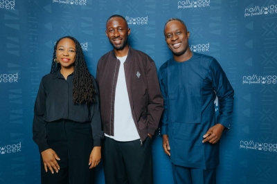 Thomas Ngijol le parrain de cette édition entouré de Nadira Shakur et Serge Noukoué les cofondateurs du festival.