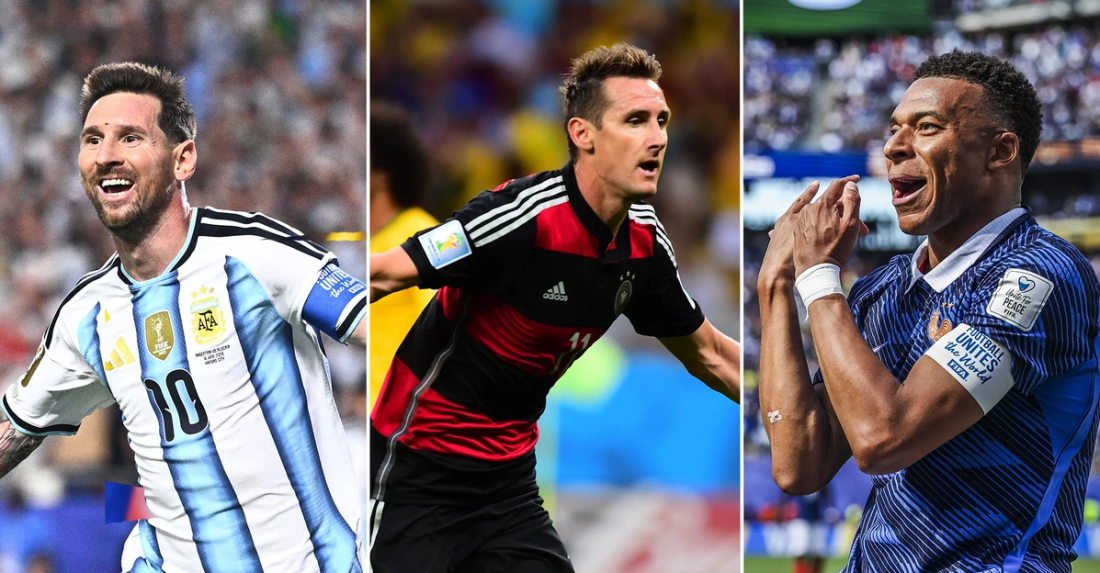 Lionel Messi , Miroslav Klose et Kylian Mbappé 